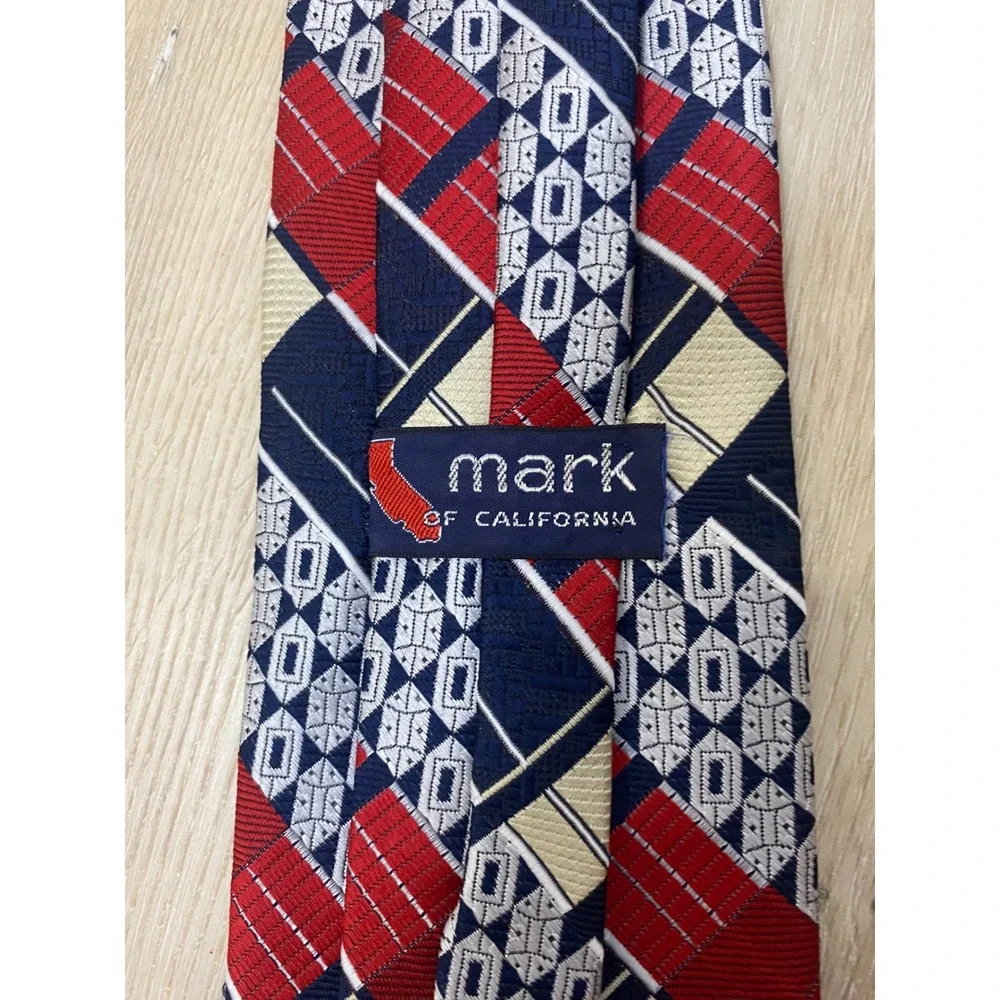 Vintage Mark of California Clip On Tie Geometric Patchwork 60s 70s Red Blue Tie